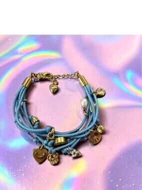 Vintage Y2K Juicy Couture Blue Cord Charm Bracelet Crown Peace Heart
